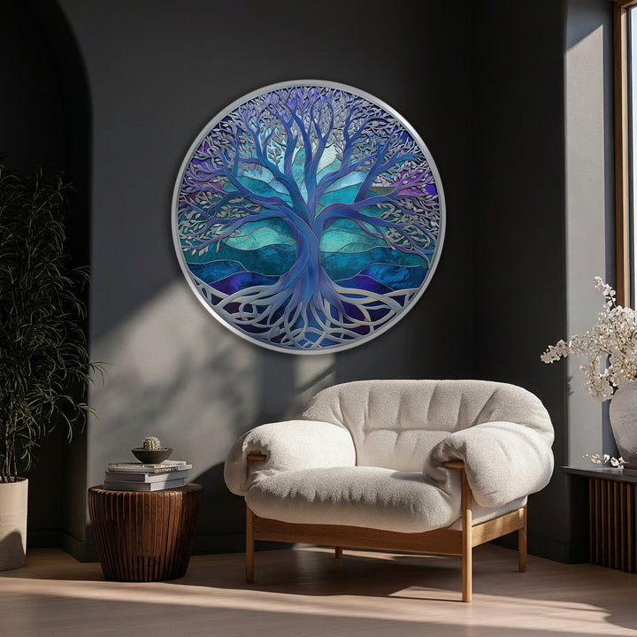 Detailed finish of the mystic blue tree of life round canvas print reveals the beauty of canvas pictures abstract nature wall art.