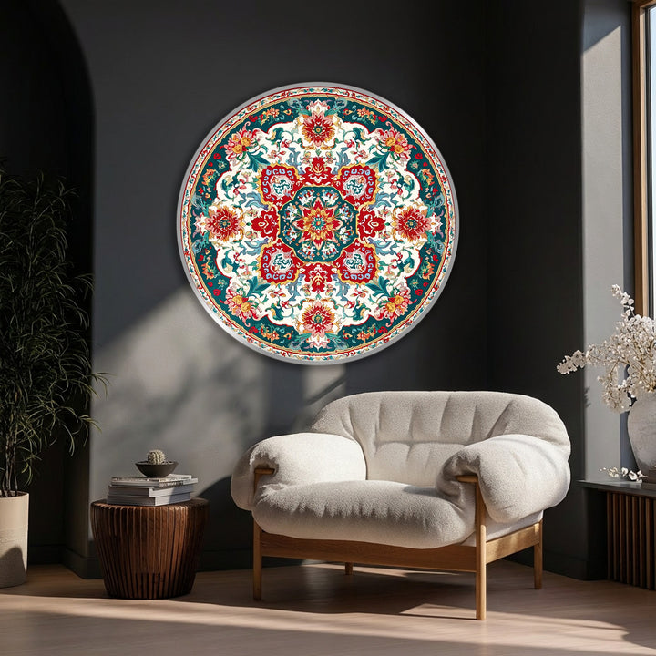Featuring a vibrant, matte finish, this ornate floral medallion round canvas print showcases a beautiful, vintage pattern as a sophisticated framed canvas art piece.