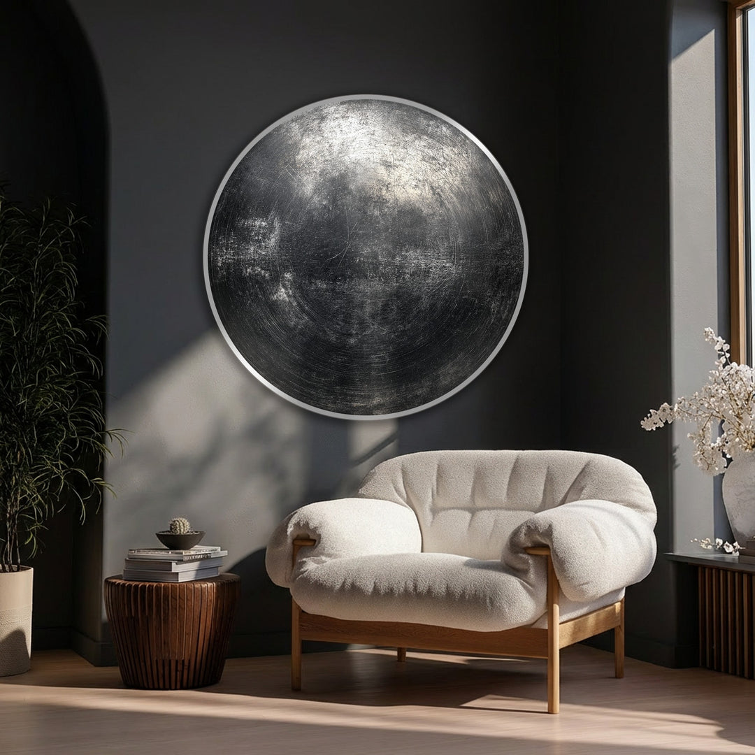 Circular industrial abstract canvas wall decor suggests a constant revolution of texture, bringing dynamic movement to the canvas wall decor.