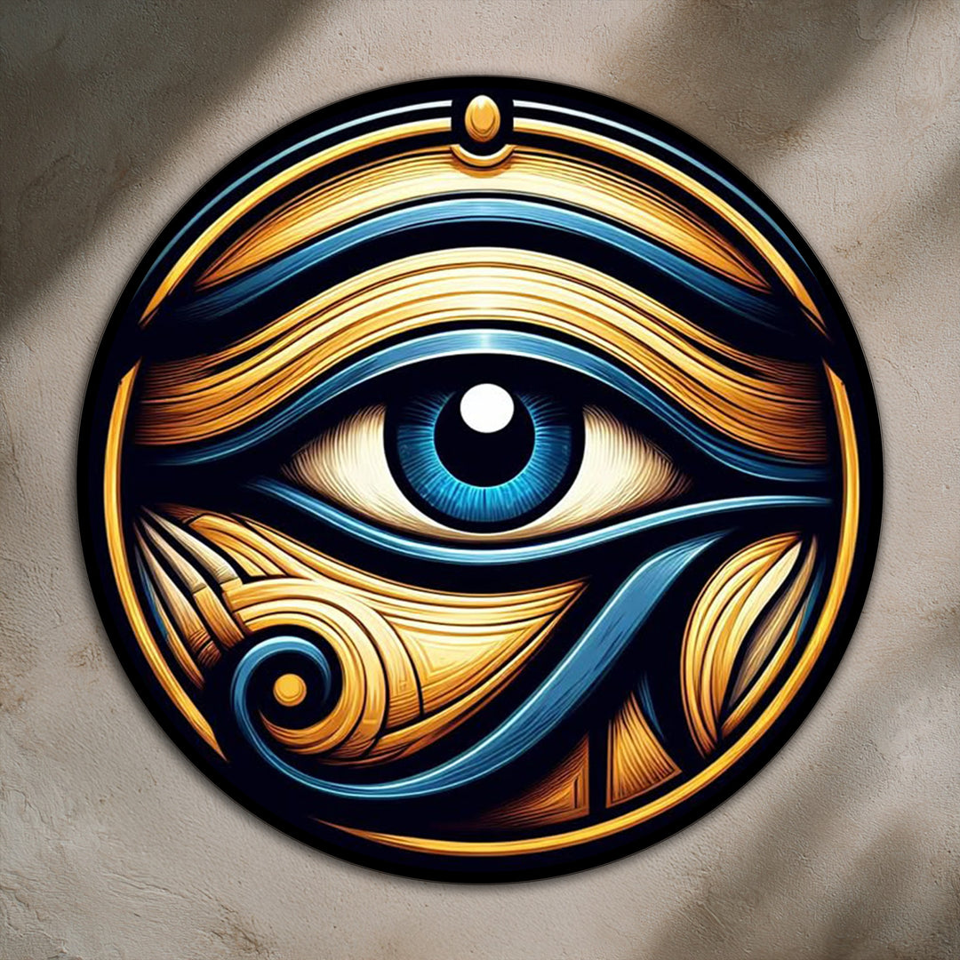 Negative space defines the hypnotic blue eye in this Eye of Horus round oil painting, a compelling piece of modern oil painting art with golden Egyptian symbolism.