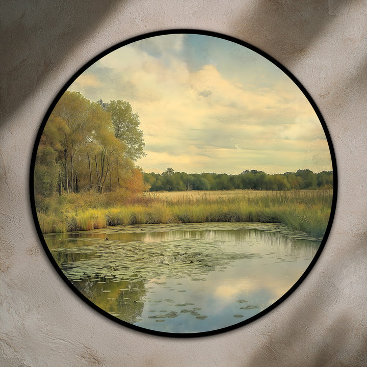 Negative space frames a tranquil, round landscape oil painting home decor piece featuring a pond with lily pads, reflecting the sky and golden meadow.