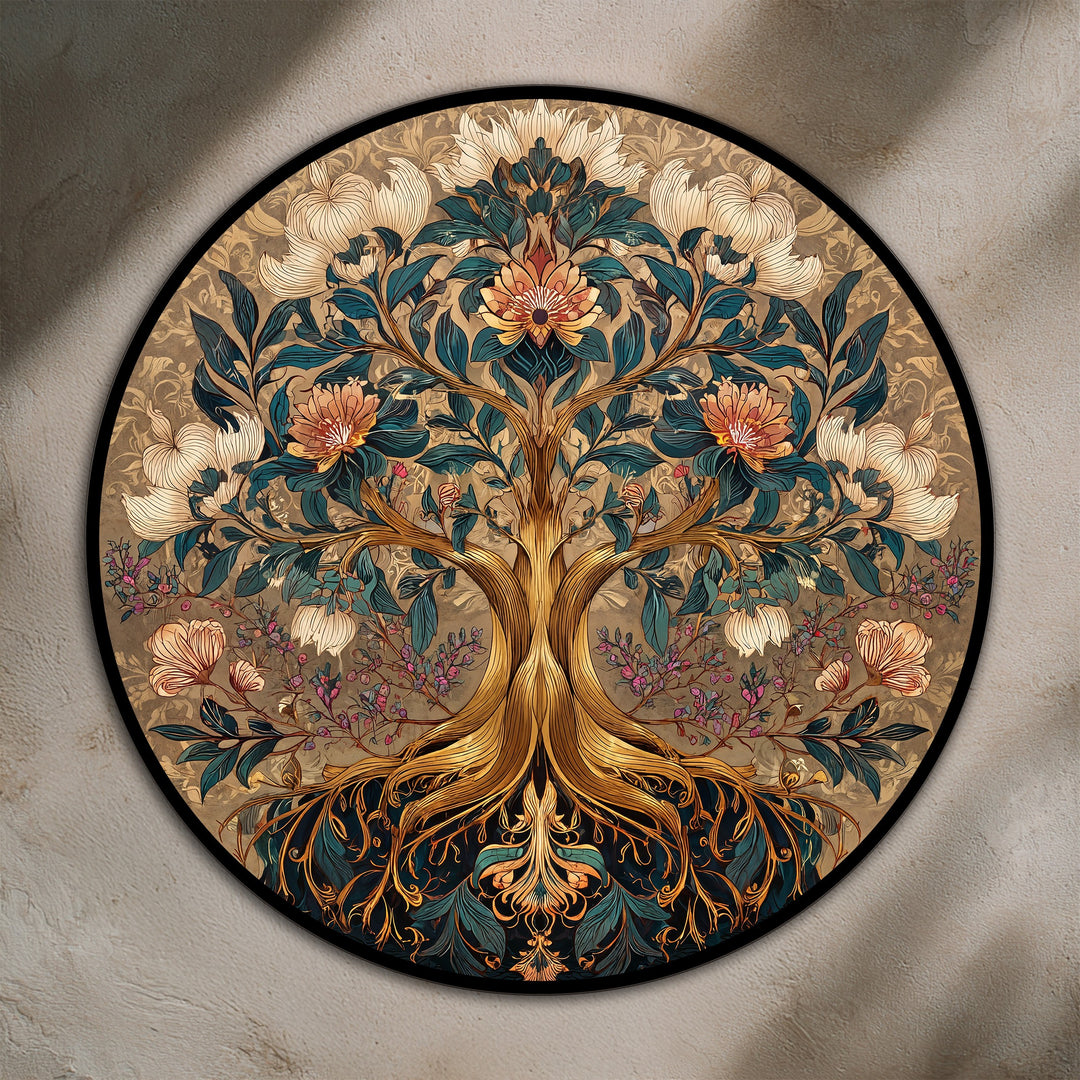 Delicate surface texture highlights the intricate details of this floral harmony, a round oil painting on wood showcasing a modern oil painting art design with an ornamental tree.