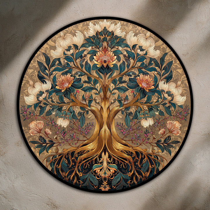 Delicate surface texture highlights the intricate details of this floral harmony, a round oil painting on wood showcasing a modern oil painting art design with an ornamental tree.