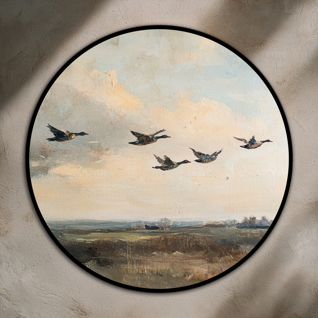 The focal point highlights flying ducks in this vintage landscape art round oil painting, presenting beautiful oil painting art prints with soft countryside tones.