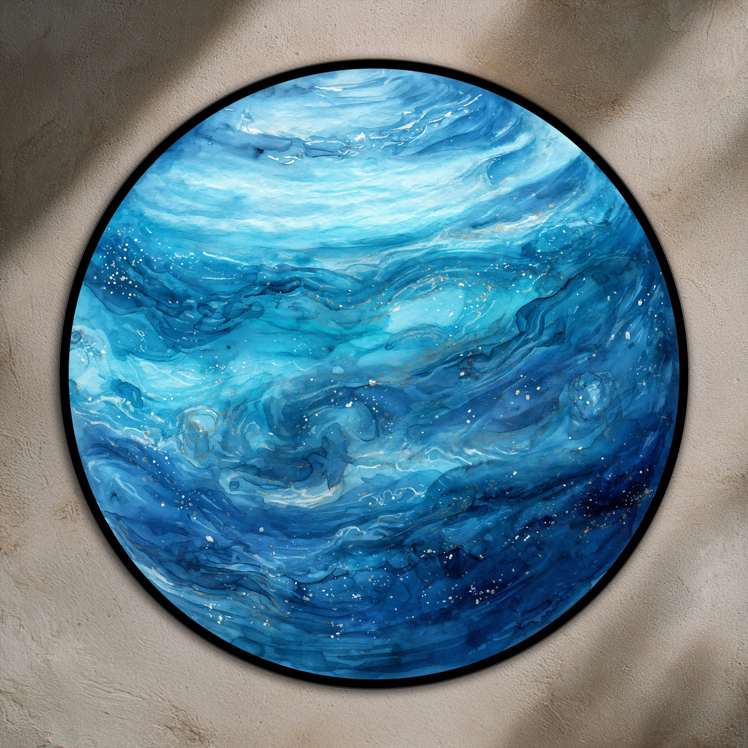 A sleek black edge frames the round Celestial Ocean Drift, a captivating oil painting art piece, enhancing the abstract design with a modern border.