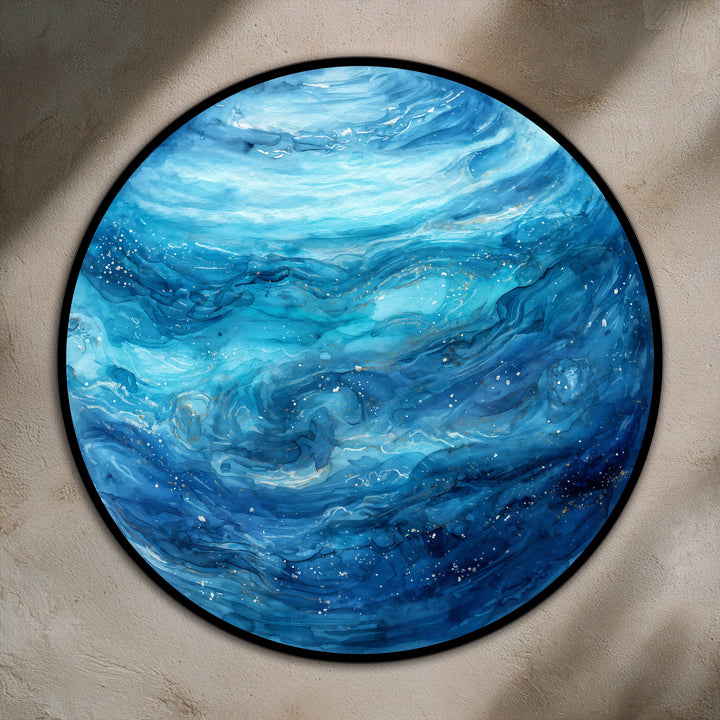 A sleek black edge frames the round Celestial Ocean Drift, a captivating oil painting art piece, enhancing the abstract design with a modern border.