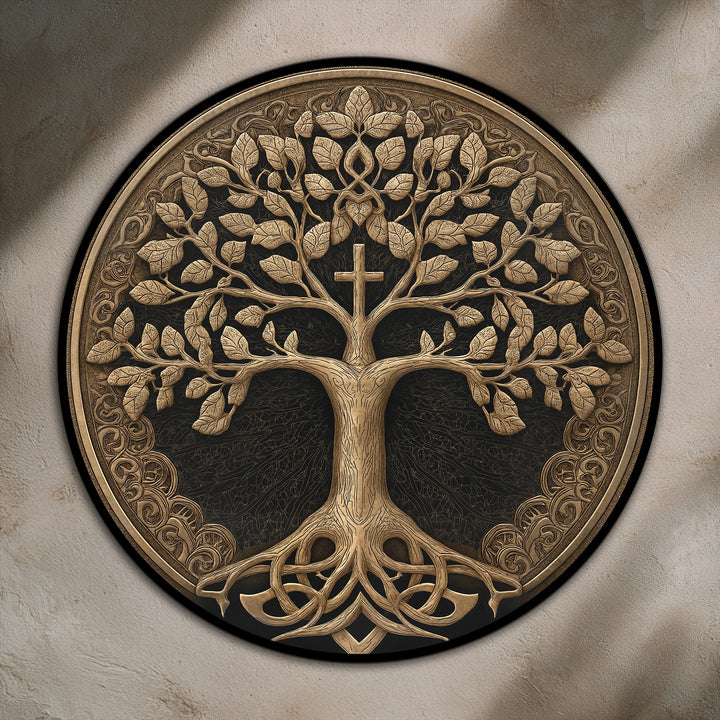 Defined by its ornate circular frame, this sacred tree of life with cross exhibits a compelling edge showcasing intricate detail in the oil painting wall art.