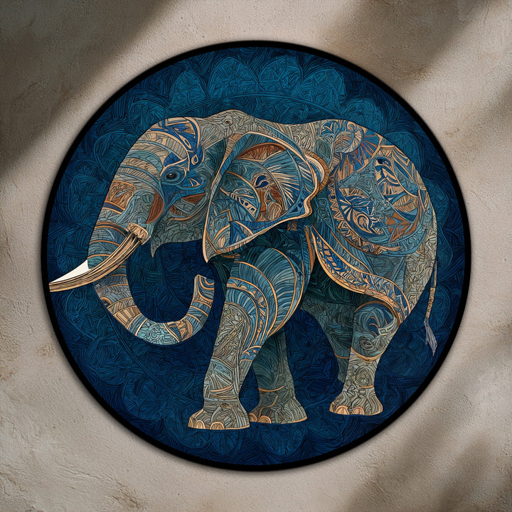 Showing the layering effect, this decorative azure elephant silhouette round oil painting artwork features intricate detailing with gold accents that add depth to the composition.