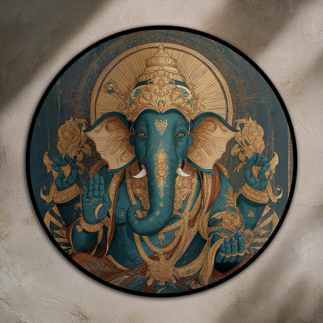 Color transition flows across this majestic Ganesha round oil painting art piece, blending turquoise with rich gold in a royal display.