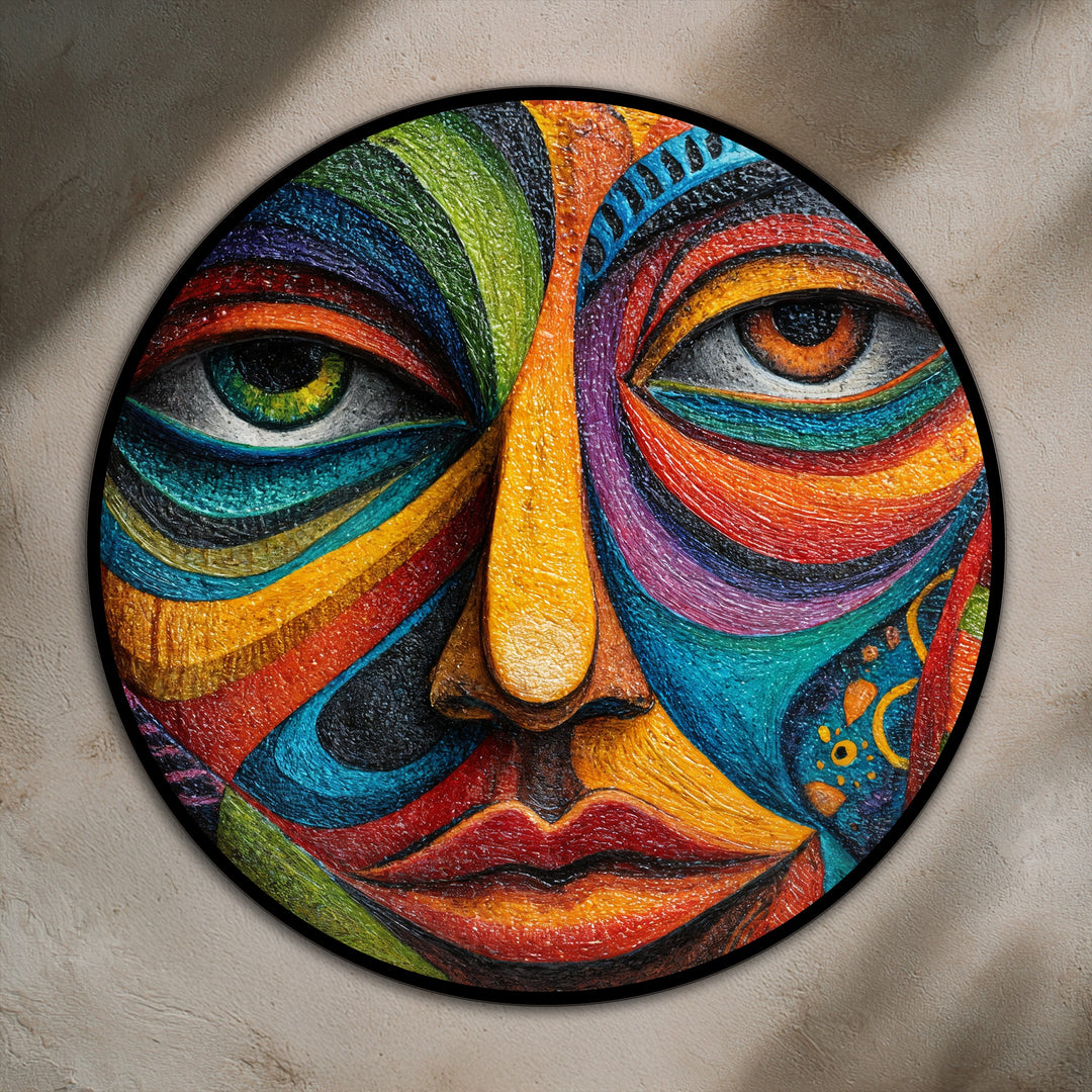 Showcasing stark color contrast, this round oil painting artwork features a vibrant mosaic face with expressionistic, multi-hued elements that create a visually striking image.