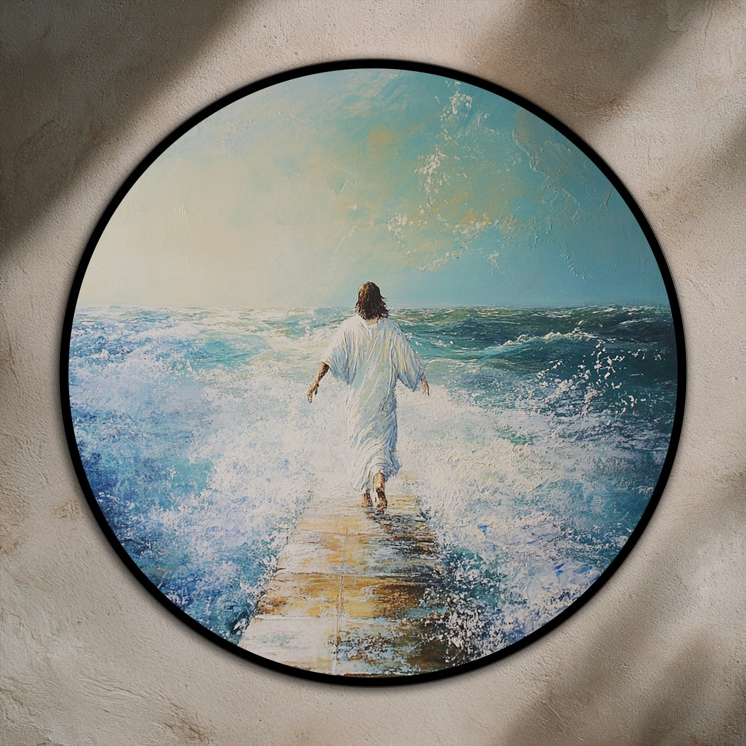 Soft ocean spray defines this oil painting reproduction print featuring a figure walking on water, captured in round wall art that evokes both faith and tranquility.