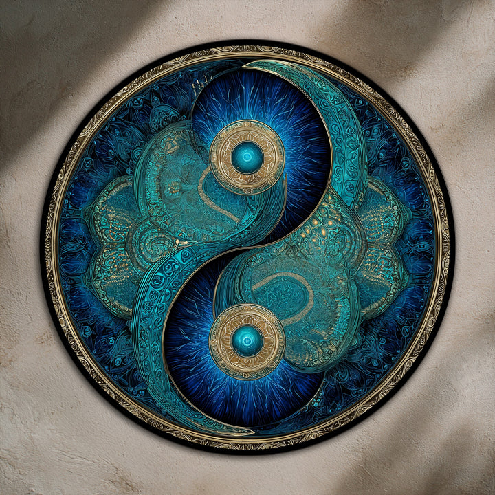 Foreground details showcase the exquisite turquoise and gold tones of this yin yang inspired oil painting reproduction print, creating a visually stunning and symbolic balance.