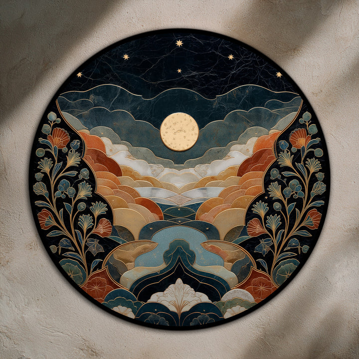 Abstract moonlit landscape showing the oil painting art piece in a celestial valley with layered hills and floral details as circular wall art.