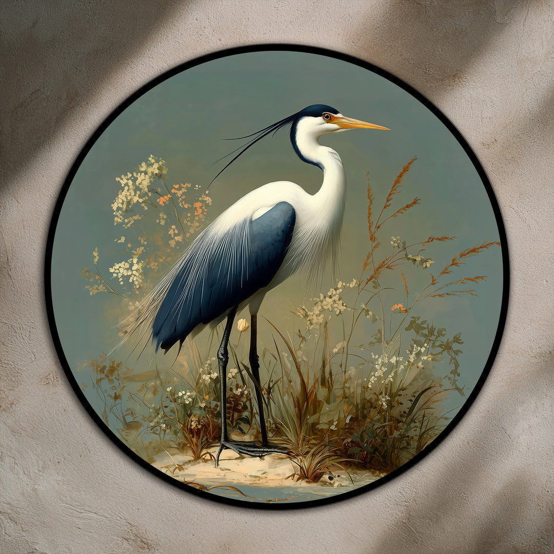Softly painted feathers accent the elegant heron in this round oil painting art prints, where sage and lemon hues highlight a sunlit citrus backdrop.