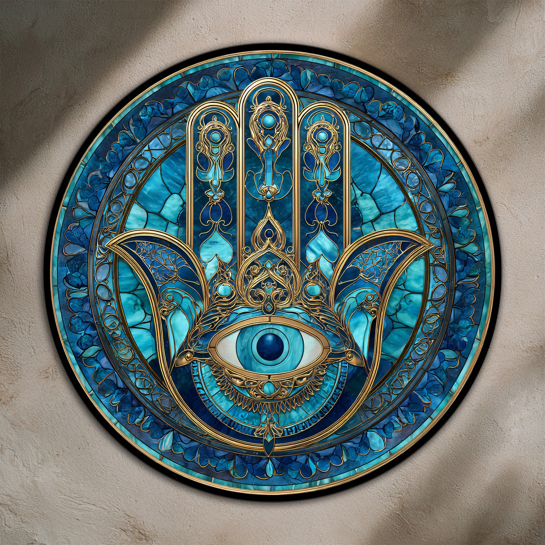 Blue Nazar Hamsa – Protective Eye Round Oil Painting on Wood