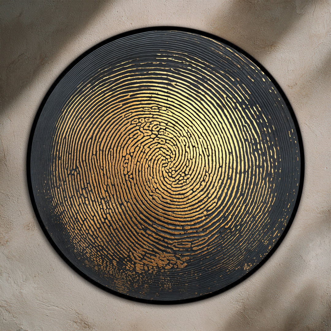 Swirling golden concentric rings in this round, abstract wooden oil painting art prints create a dynamic sense of rhythmic movement.