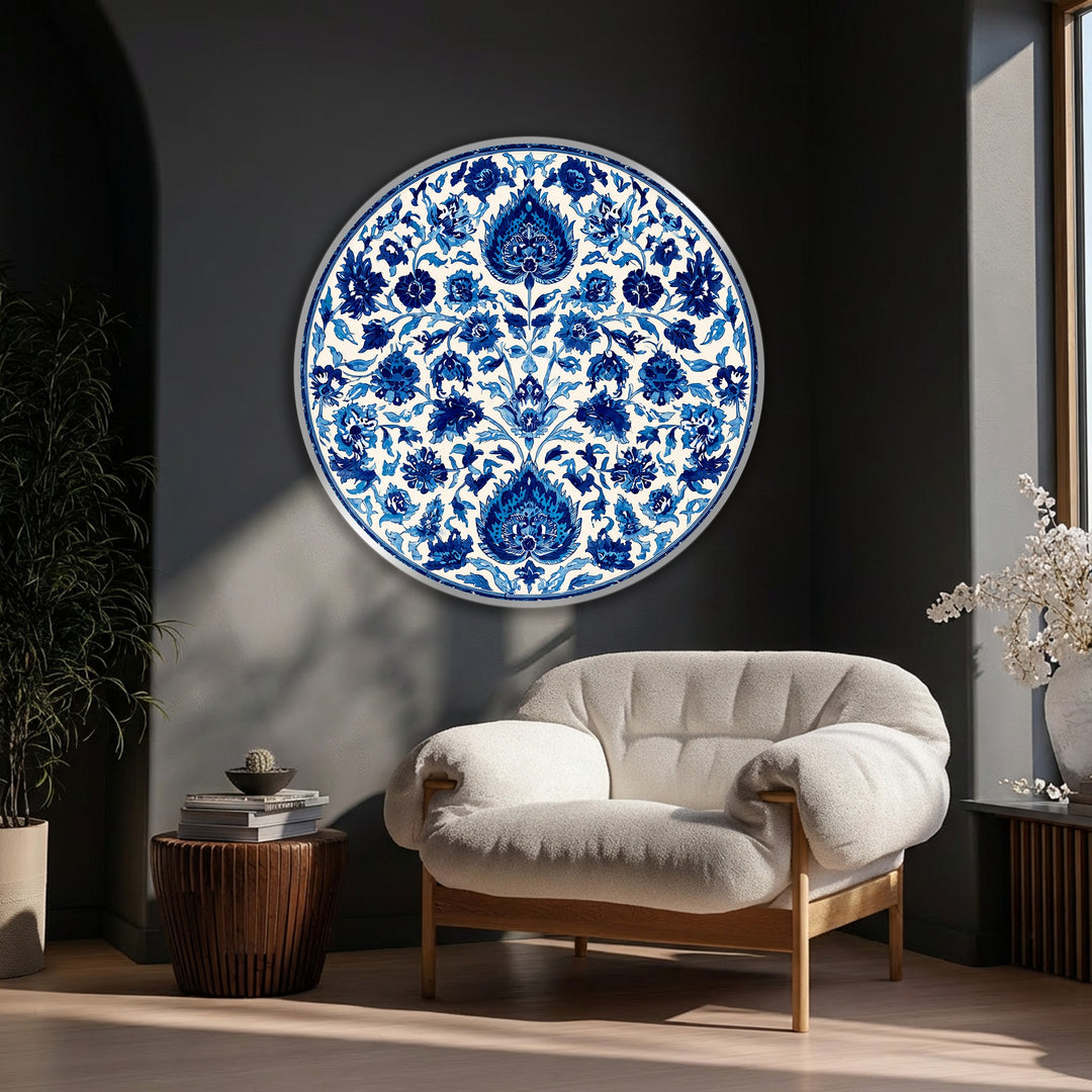 Enigmatic shadows frame the blue floral mandala round canvas art prints, contrasting against the bright, central decorative design.