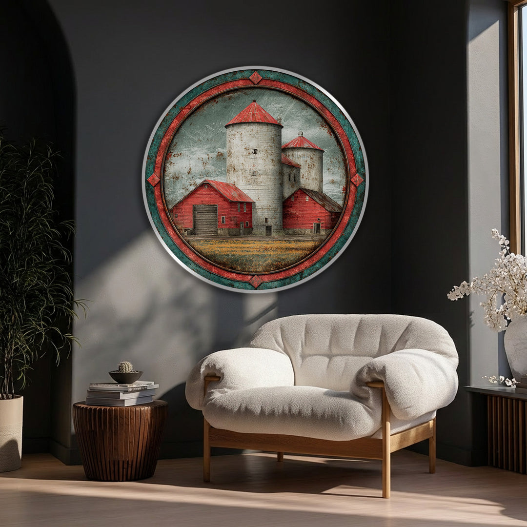 Rustic Red Barn and Silos Landscape Round Canvas Print – Vintage Farm Wall Art