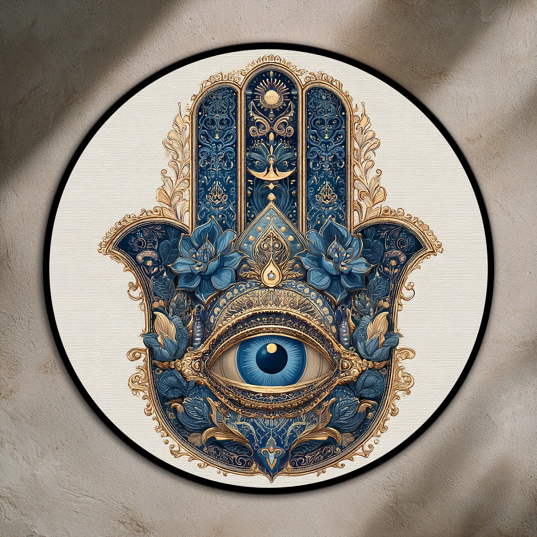With a cool color temperature, this ornate round oil painting art prints features a royal blue Hamsa hand and eye design with golden accents, creating a spiritual focal point.