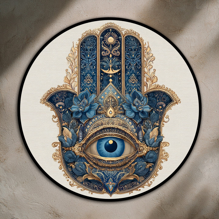 With a cool color temperature, this ornate round oil painting art prints features a royal blue Hamsa hand and eye design with golden accents, creating a spiritual focal point.
