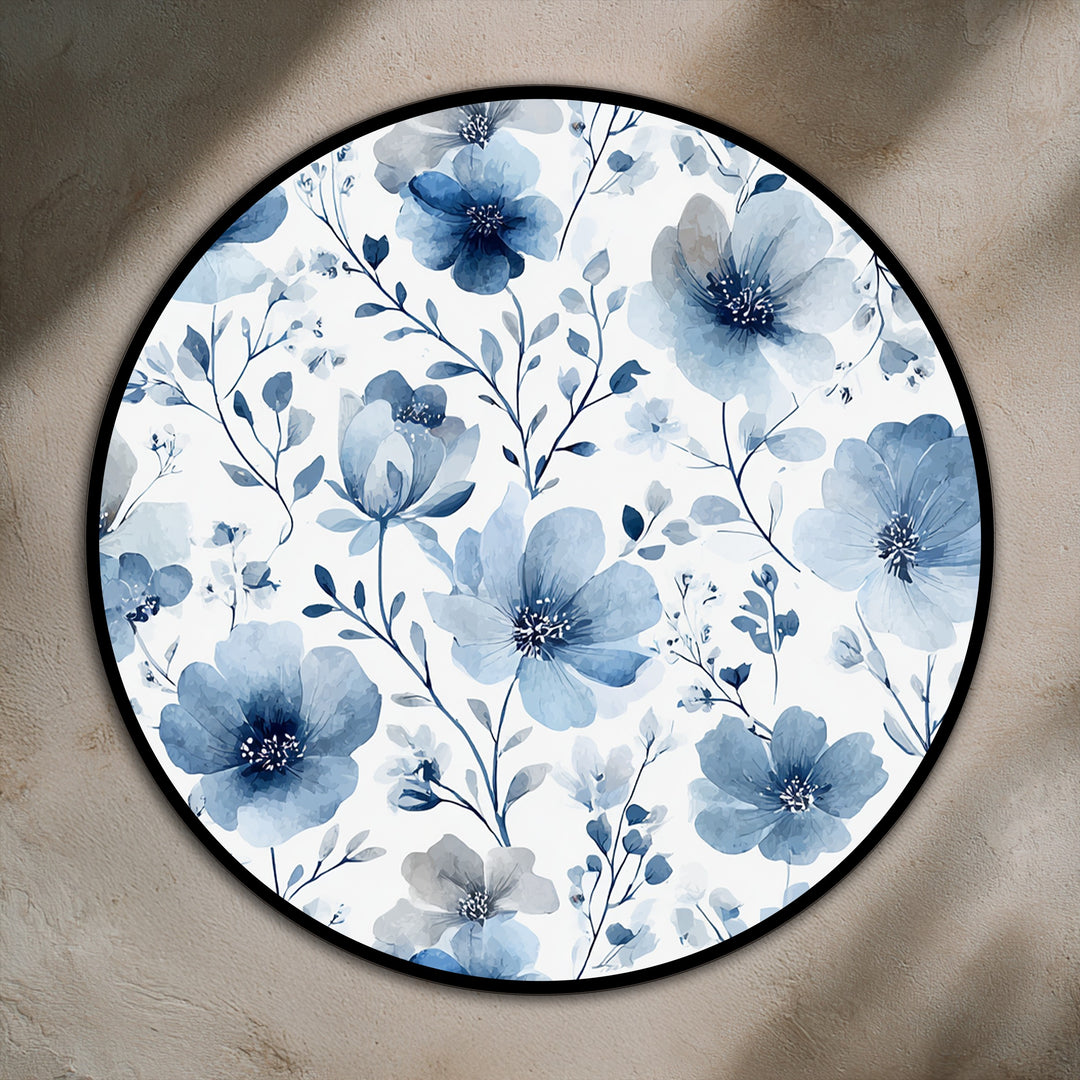 Soft Blue Botanical Pattern Round Oil Painting