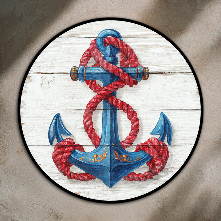 Distressed, light beige background complements the nautical anchor and red rope round oil painting decoration, creating a coastal home decor ambiance.