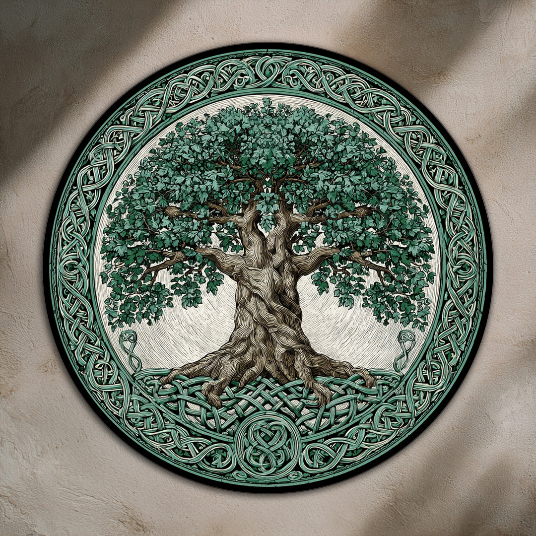 Round oil painting of a Celtic tree of life displays an ornate knotwork border with a stunning composition, showcasing beautiful oil painting home decor.