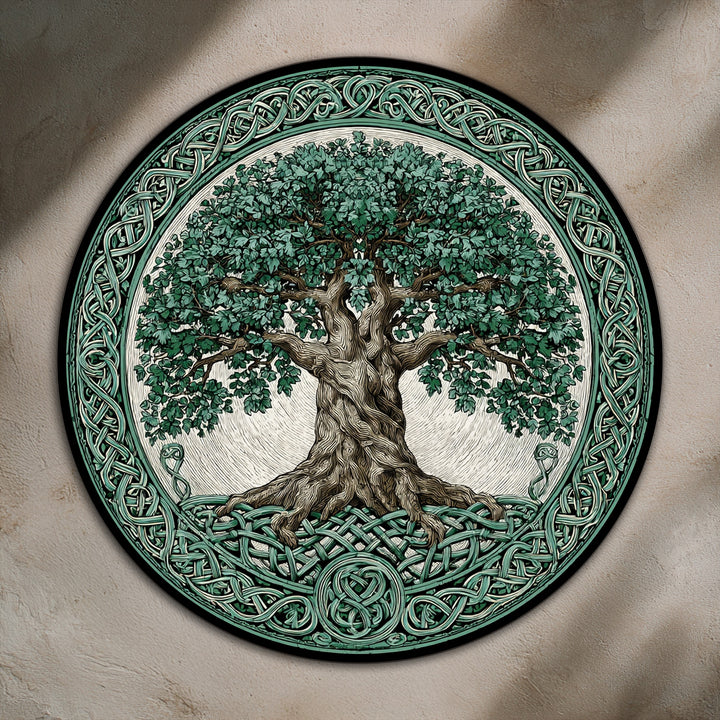 Round oil painting of a Celtic tree of life displays an ornate knotwork border with a stunning composition, showcasing beautiful oil painting home decor.
