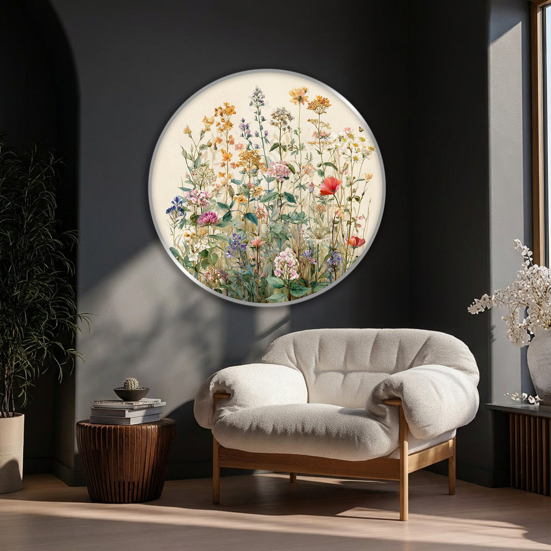 The colorful, round Wildflower Meadow canvas wall art stands out as the loudest element, showcasing soft botanical details in this captivating canvas wall art print.