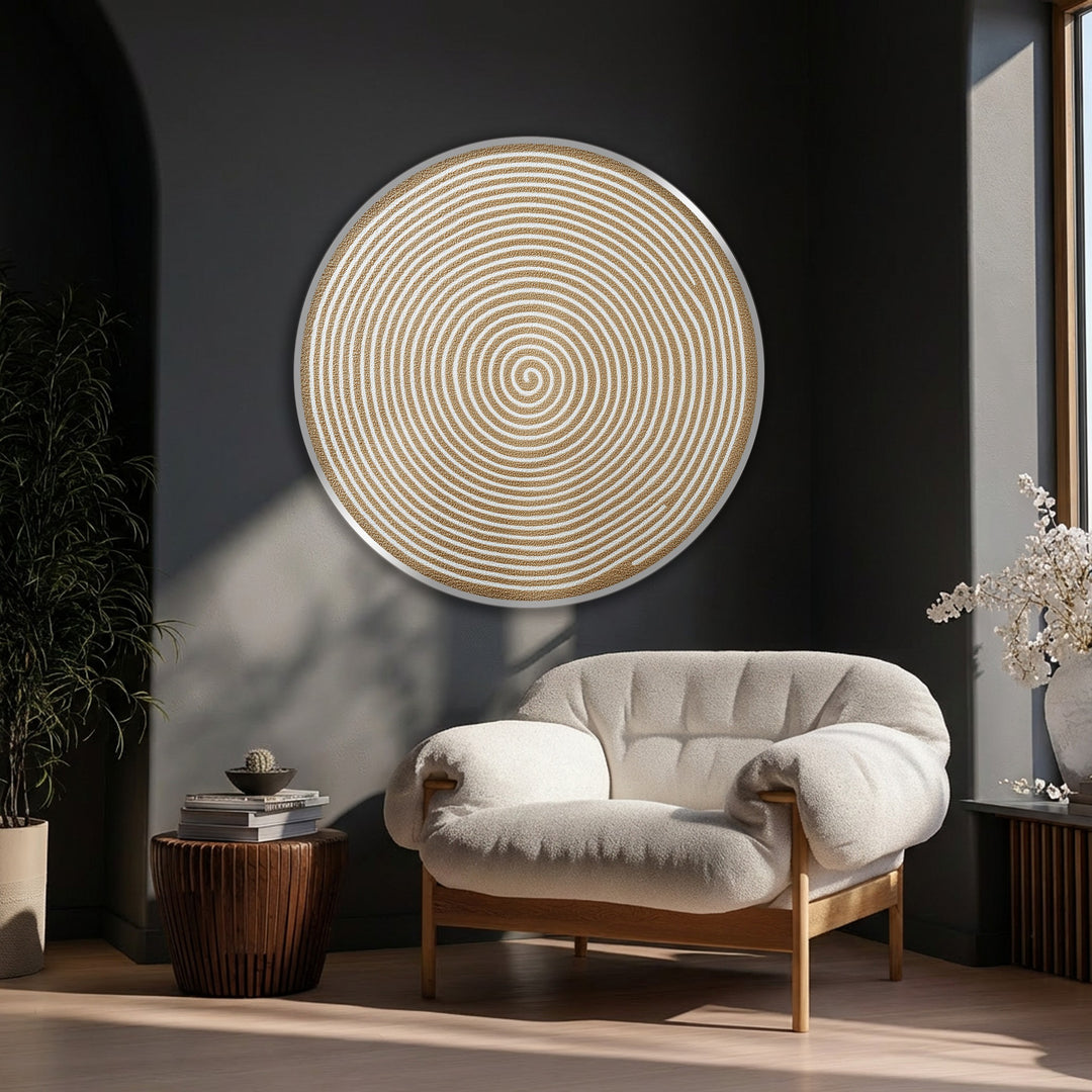 Golden Spiral Minimalist Round Canvas Print – Modern Abstract Wall Art