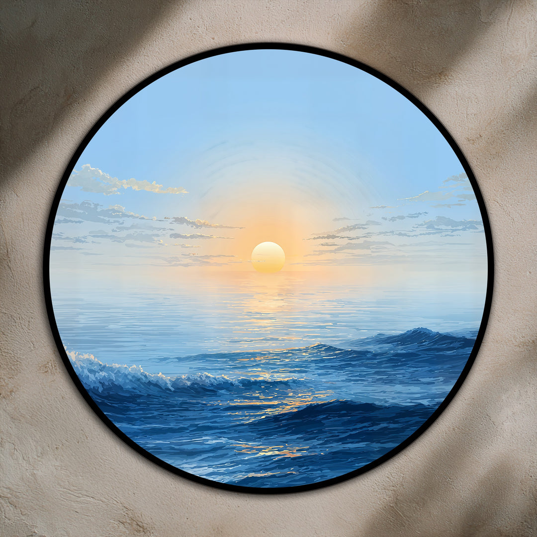 The realistic detail of the round golden horizon waves oil painting artwork captures the serene seascape's sunlit surface and the rich textures of the water.