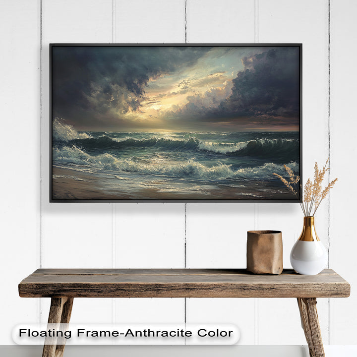 The contrast between the dark skies and glowing horizon creates a stunning focal point, evoking both awe and tranquility.

