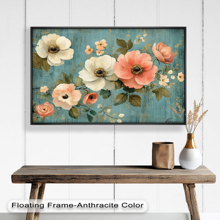 Elegant abstract floral painting with soft pastel flowers and rustic details.
