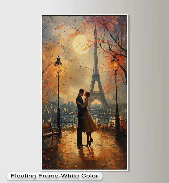 Golden hues dominate this modern oil painting art depicting lovers under the Eiffel Tower, reflecting the moonlight in a romantic Paris scene.