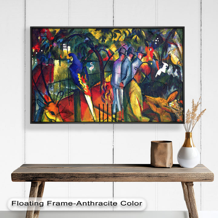 A surreal and energetic landscape with tropical birds, antelope, and human figures, merging nature and modern life.