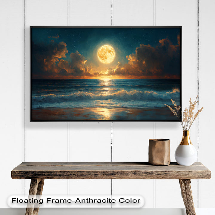 Ocean Night Wall Art Decor - Full Moon Seascape Oil Painting