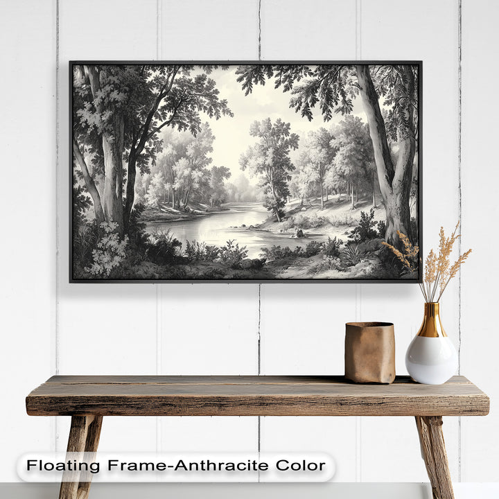 Zeitloser Waldfluss – Monochromes Landschaftsölgemälde