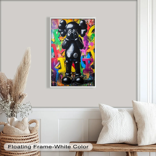 Negative space surrounds the bold, black figure in this 'Behind the Hands – KAWS' oil painting wall art, highlighting its vulnerability against a vibrant, chaotic background.
