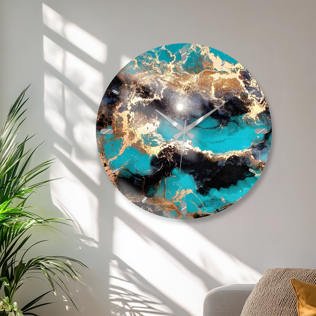 Turquoise and Gold Glass Wall Clock – Abstract Marble Decor