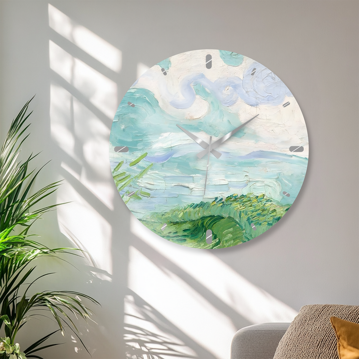 Pastellfarbene Küstenwanduhr aus Glas – abstrakte Meereslandschaftskunst