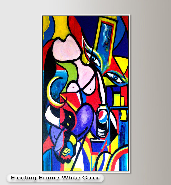 An expressive mixed-media painting with a female form, oversized eyes, and vivid colors in a playful yet chaotic composition.