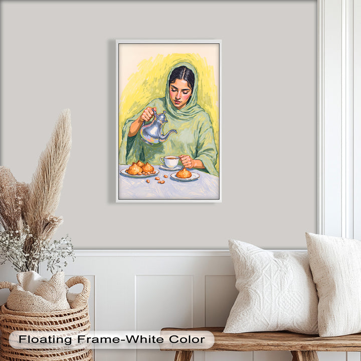 Woman Pouring Tea with Traditional Sweets - Food Painting