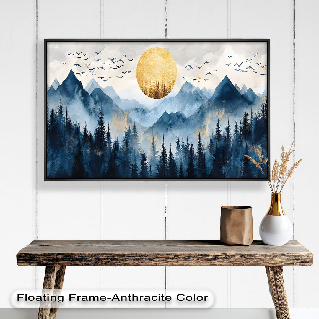 Golden sun over misty blue mountains with silhouette of pine trees.
