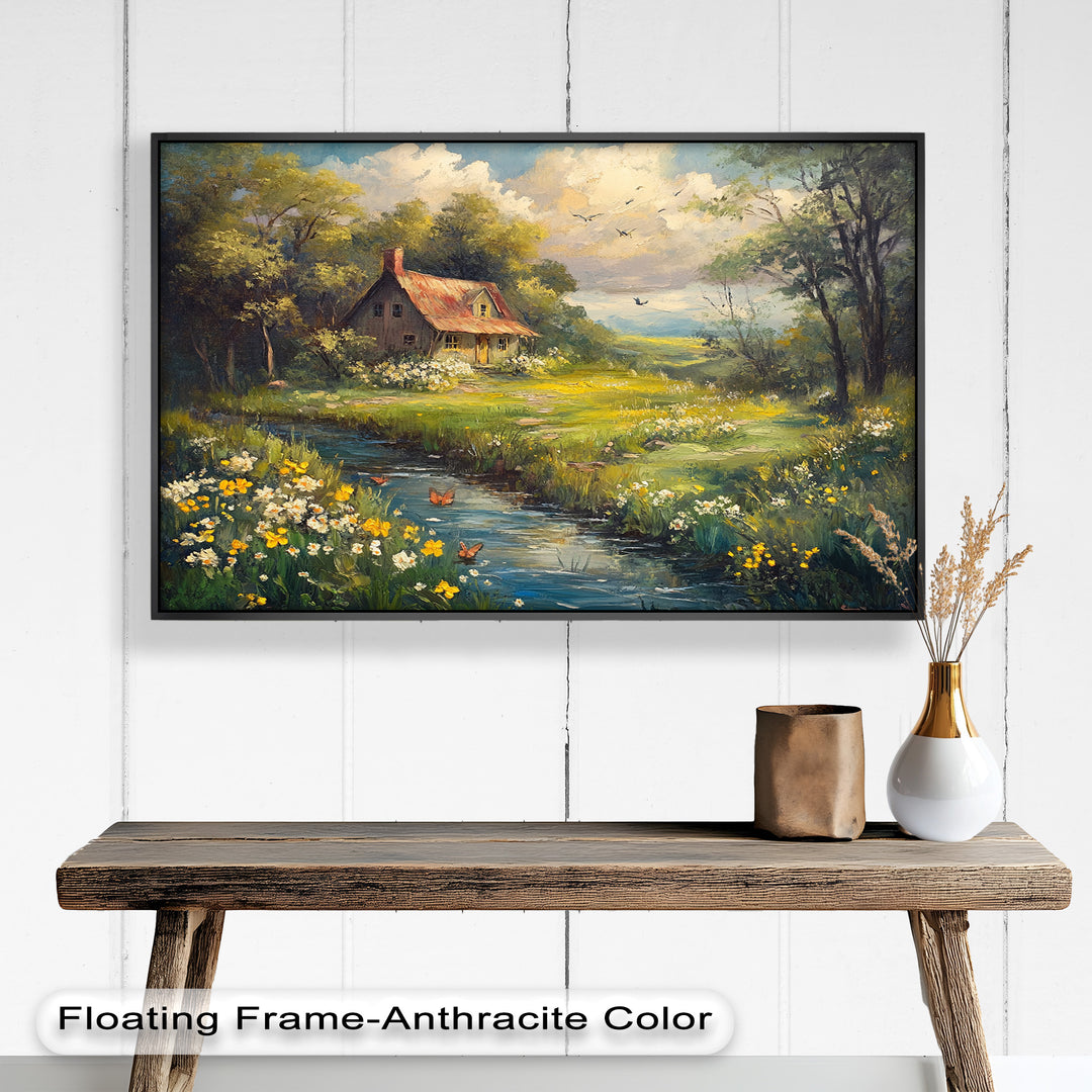 Vintage Frühlingslandschaft – Gerahmtes Ölgemälde