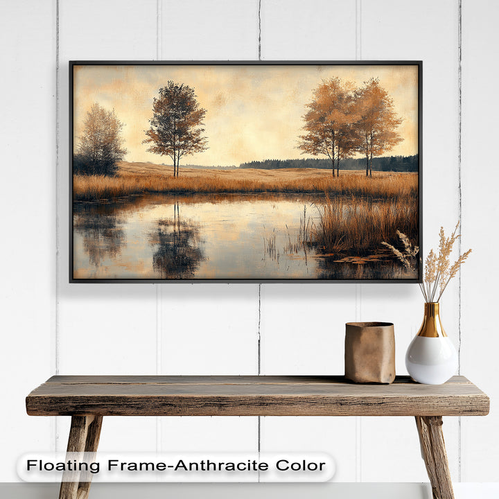This breathtaking nature-inspired artwork showcases the quiet elegance of an autumnal setting, with crisp reflections in the water enhancing the depth and tranquility of the landscape.

