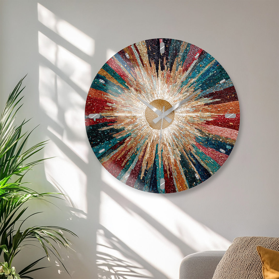 Colorful Sunburst Glass Wall Clock – Radiant Mosaic Art Decor