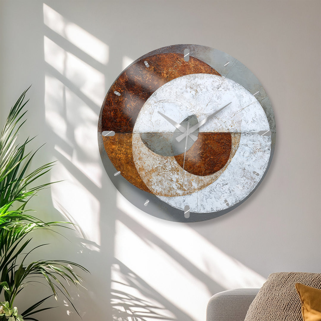 Rust and Gray Glass Wall Clock – Industrial Abstract Circle Art