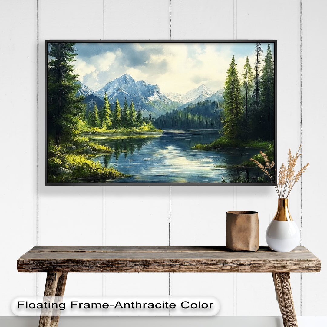 This breathtaking painting captures a crystal-clear alpine lake surrounded by lush evergreen trees and majestic snow-capped mountains under a vibrant sky.