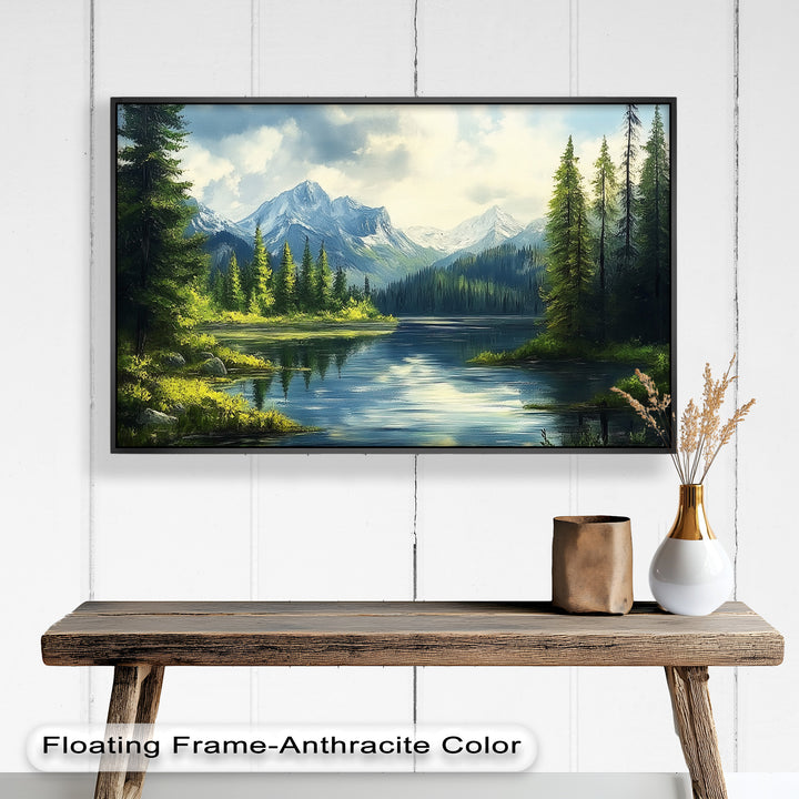 This breathtaking painting captures a crystal-clear alpine lake surrounded by lush evergreen trees and majestic snow-capped mountains under a vibrant sky.