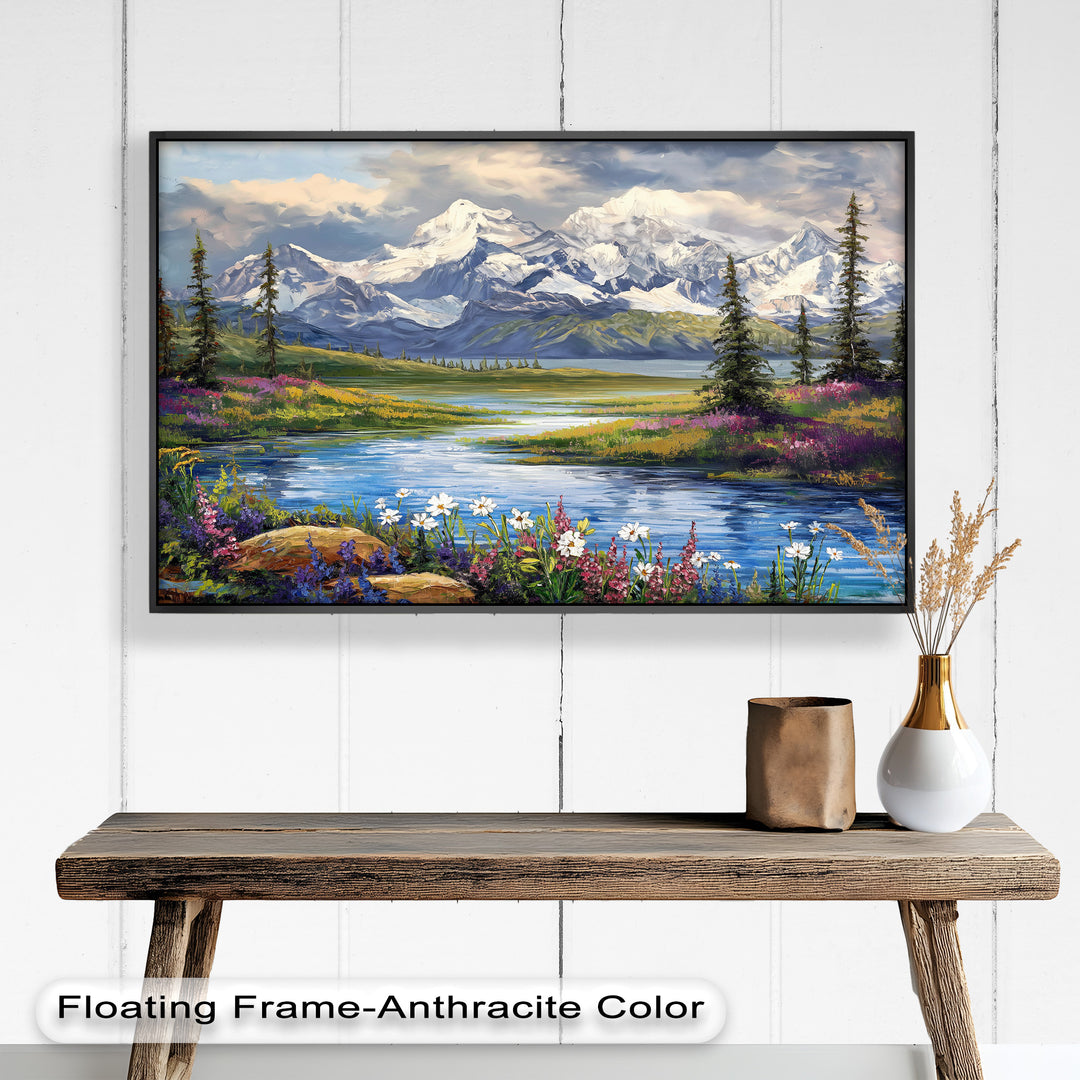 Immerse yourself in the tranquility of nature with this stunning oil painting. Featuring snow-capped peaks, a reflective lake, and vibrant wildflowers, this artwork brings the beauty of the great outdoors into your home.